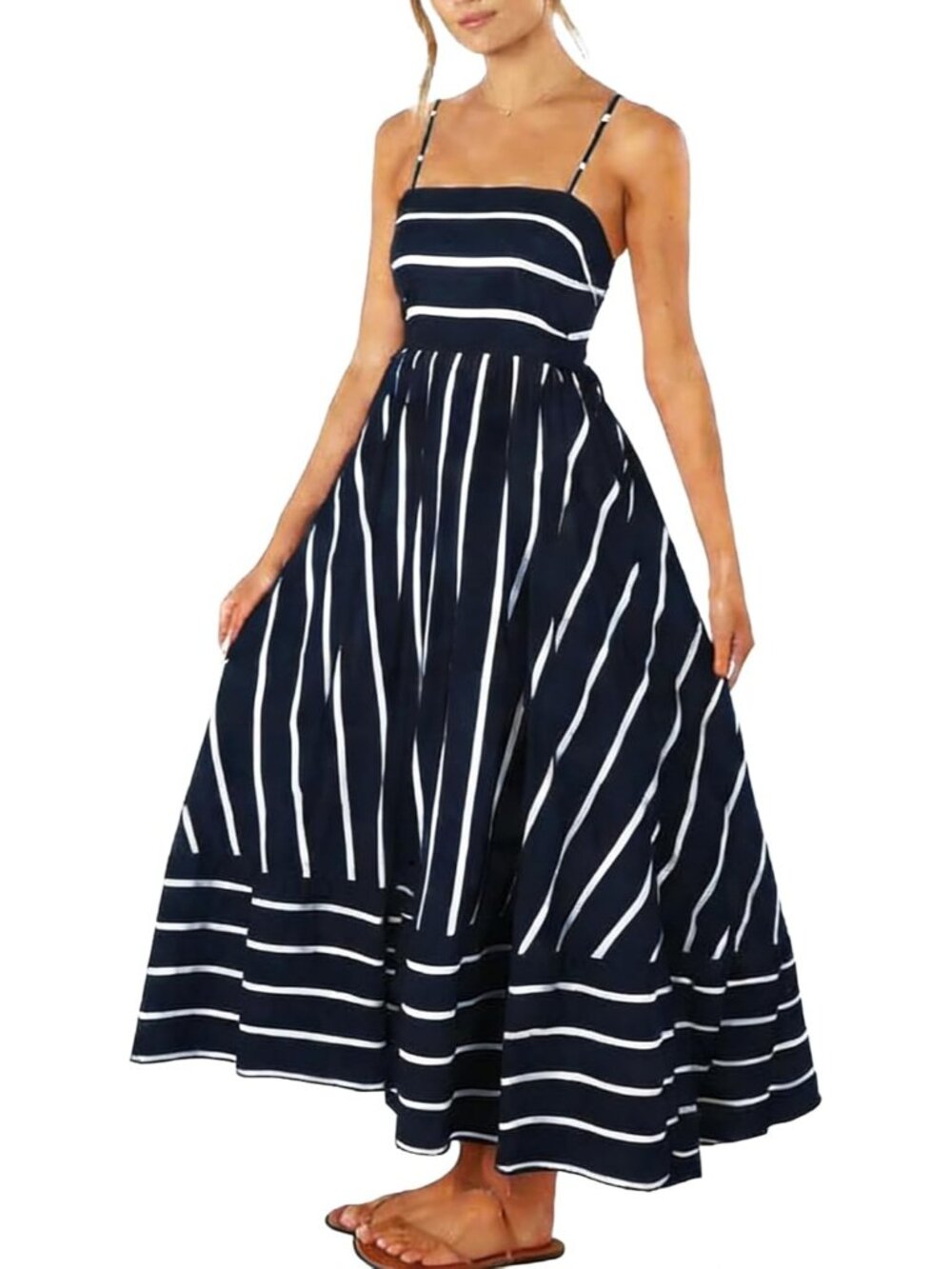 Women's Navy Blue Summer Maxi Spaghetti Strap Striped Long Dress Vacation Beach